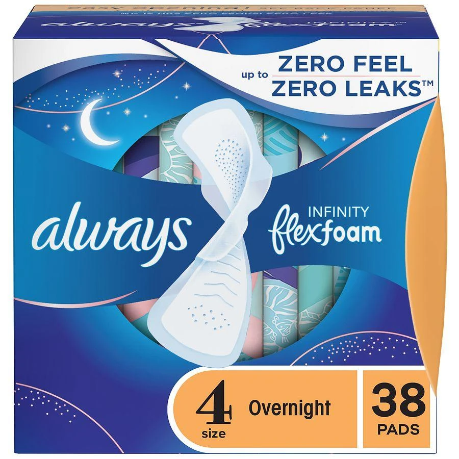 Always Feminine Pads for Women with Wings, Overnight Unscented, Size 4 (38 ct) 1