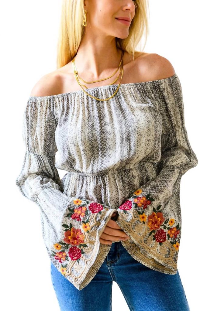 Andree By Unit Don't Tempt Me Embroidered Blouse In Snake Print