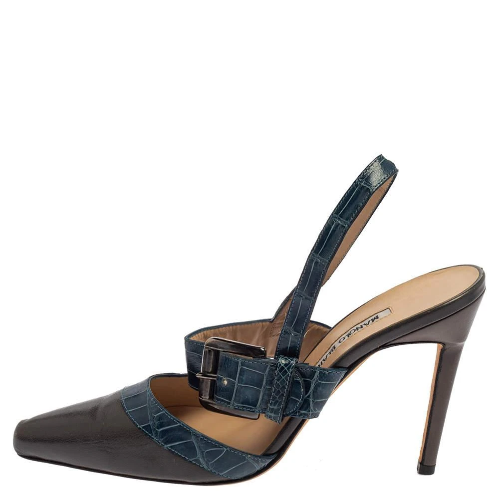 Manolo Blahnik Manolo Blahnik Grey/Blue Croc Embossed And Leather Slingback Sandals Size 37 2