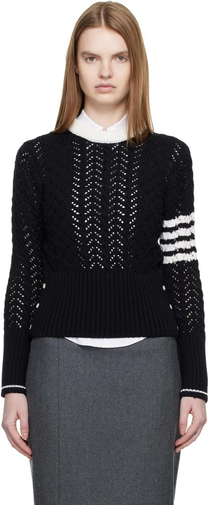 Thom Browne Navy Cable Pointelle Stitch Classic 4-Bar Sweater 1