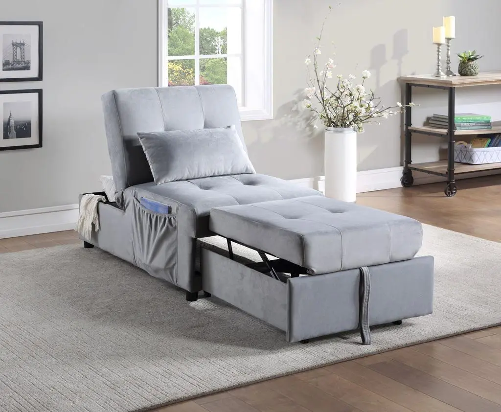 HODETAIL Modern Lift Top Storage Bench with Pull-out Bed 1pc Gray Velvet Tufted Solid Wood Furniture Convertible Chair