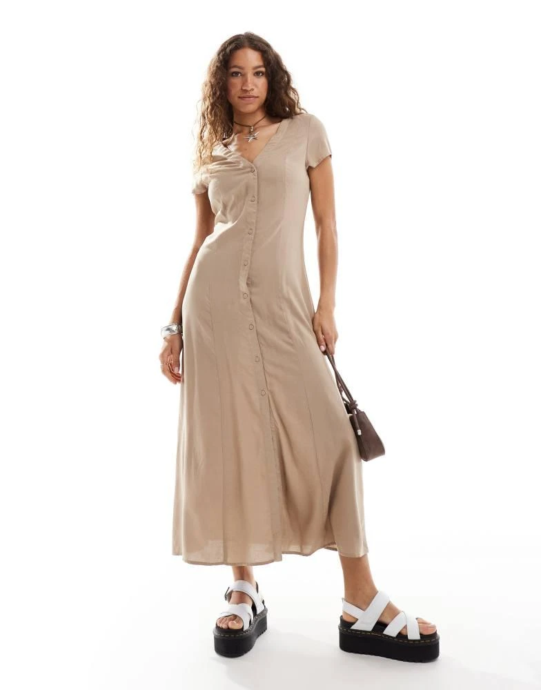 Monki Monki short sleeve button front midi dress in dark beige 1