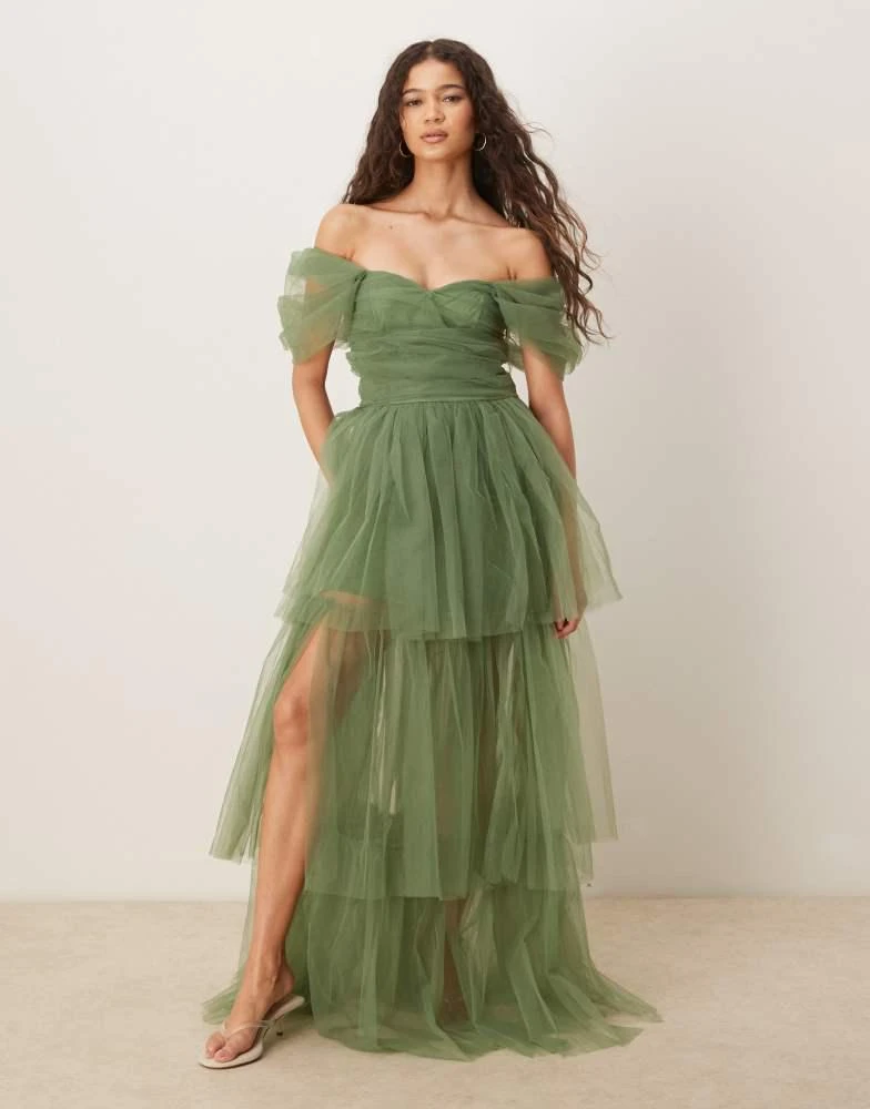 Lace & Beads off shoulder high low tulle maxi dress in dark sage  On Sale  Now with Up to 25% Off | Discover Exclusive Deals & Savings at BeyondStyle   Authentic