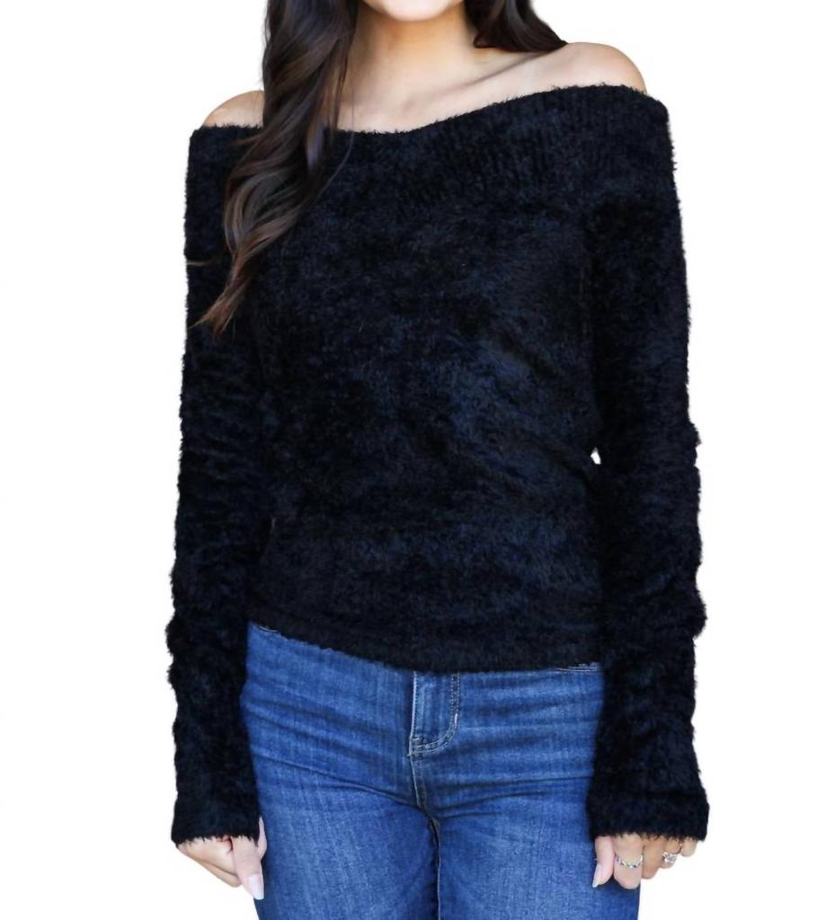 SCALA Furry Long Sleeve Off The Shoulder Sweater In Black