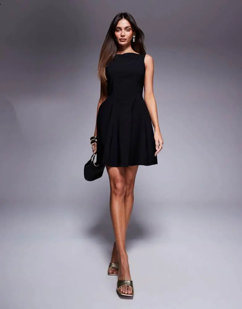ASOS ASOS DESIGN bengaline sleeveless skater skirt mini dress with open back in black 3