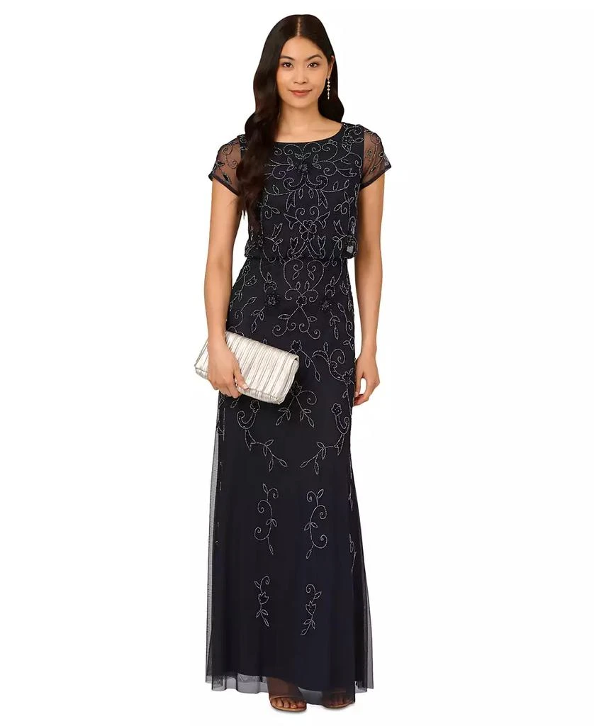 knee length dresses for ladies Blush Art Deco Beaded Blouson Gown