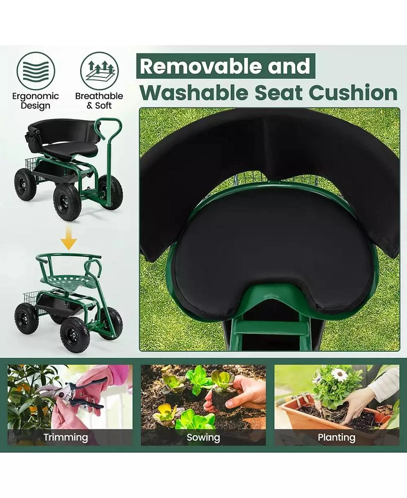 Ecooso Cushioned Rolling Garden Cart Scooter with Storage Basket and Tool Pouch 6