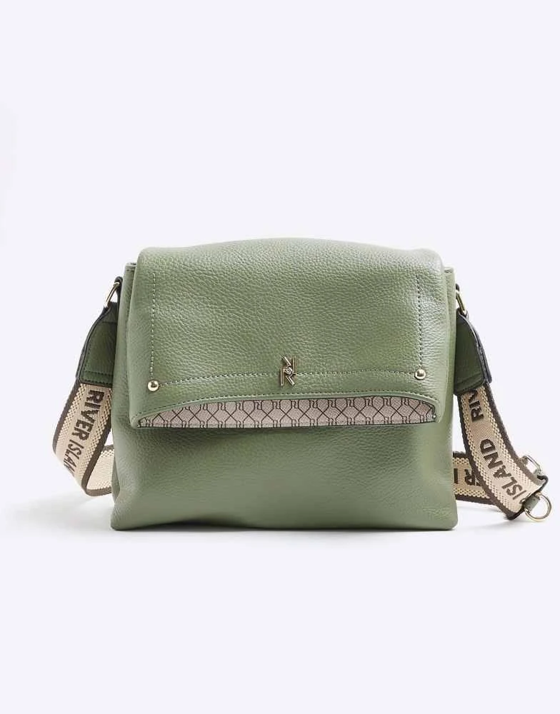River Island River Island Faux leather flap over cross body bag in khaki 4
