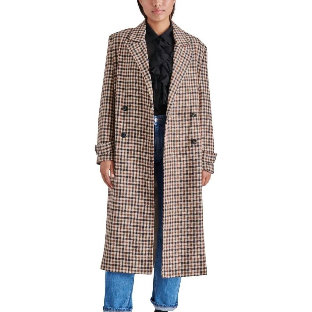 Steve Madden Prince Double Breasted Long Coat In Brown Plaid 2