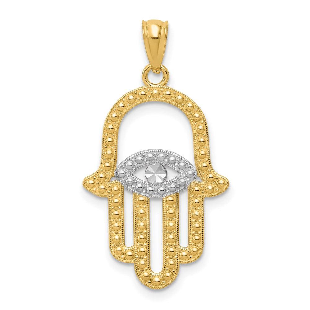 Diamond2Deal 14k Yellow Gold and White Rhodium Textured Hamsa and Evil Eye Pendant