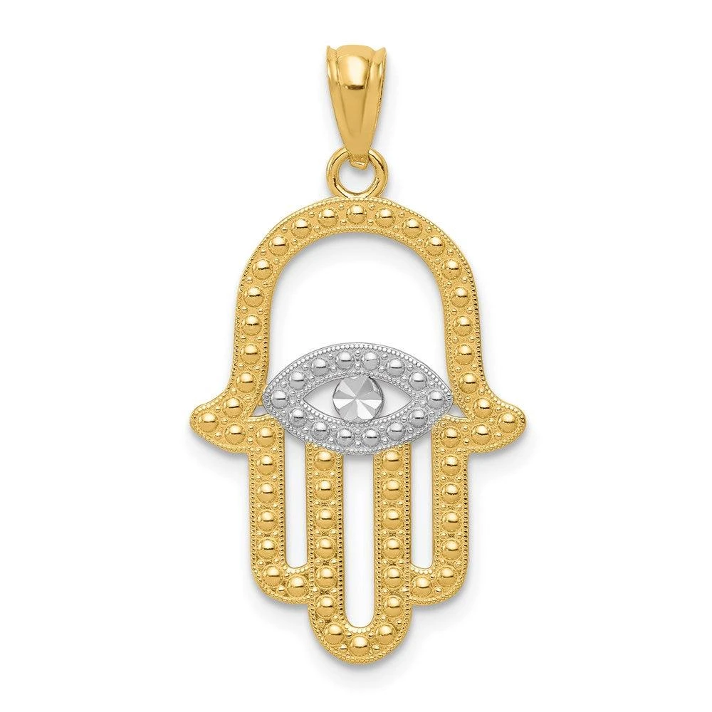 Diamond2Deal 14k Yellow Gold and White Rhodium Textured Hamsa and Evil Eye Pendant 1