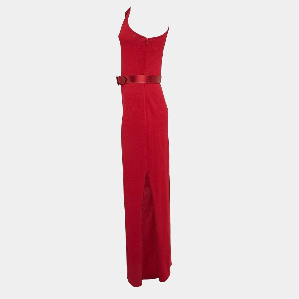 St. John St. John Red Rib Knit Bow One Shoulder Belted Maxi Dress M 2