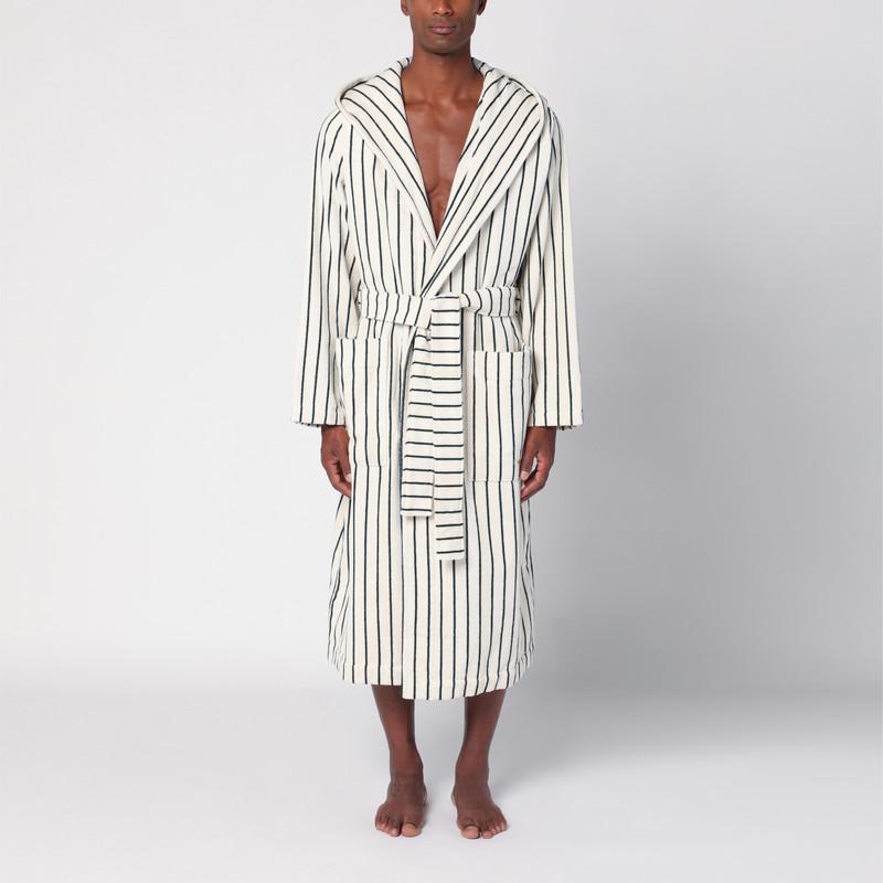 Tekla White bathrobe with dark green stripes