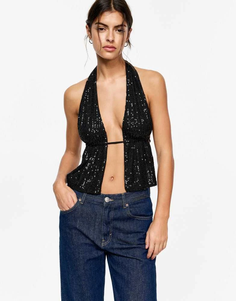 Pull&Bear Pull&Bear sequin halterneck top in black 1