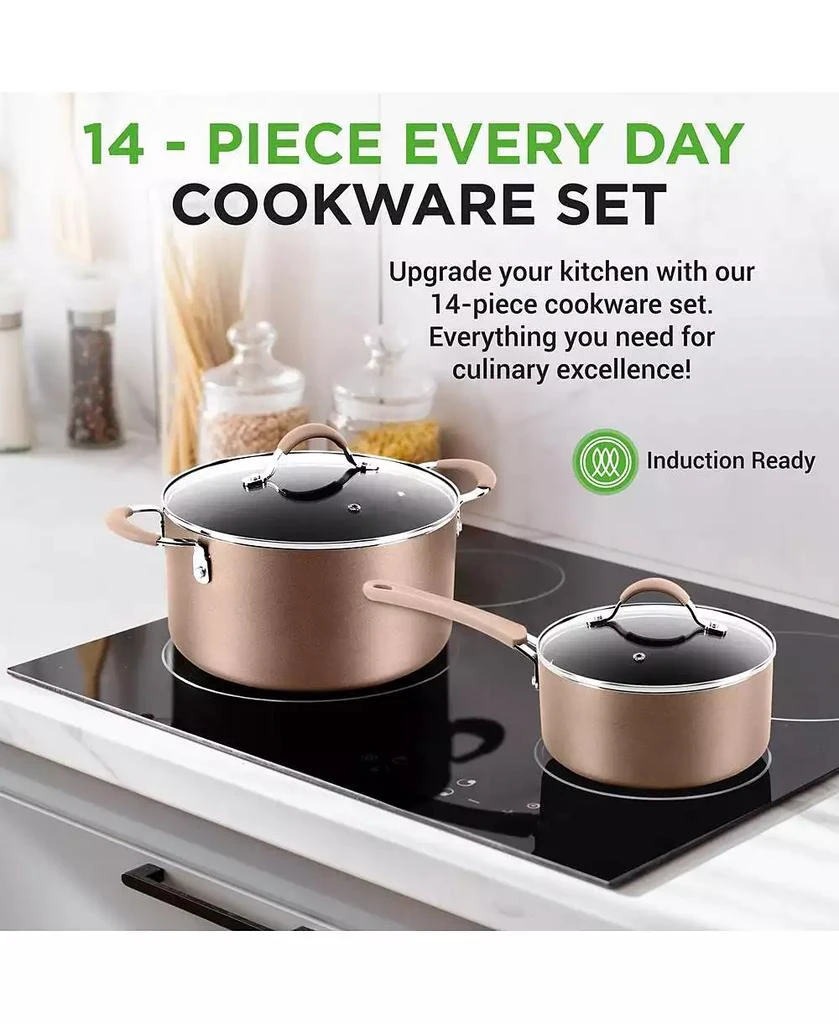 NutriChef Nonstick PFOA/PFOS-Free 14-Piece Stainless Steel Cookware Set with Saucepan, Frying Pans, Dutch Oven, Lids 
Utensils – Model NCCW14S 2