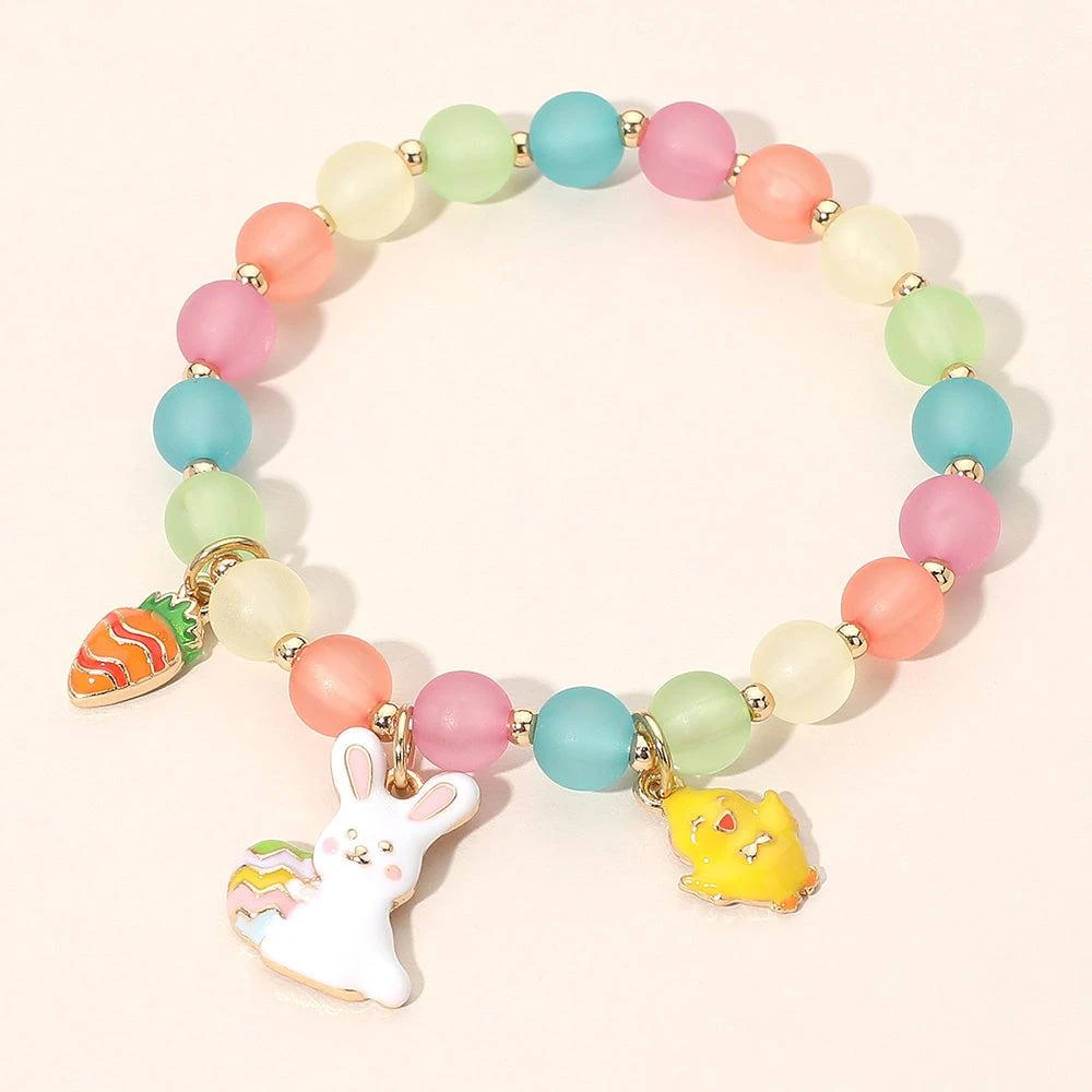 FASHNZFAB Easter Bunny Chick Carrot Charm Beaded Stretch Bracelet
