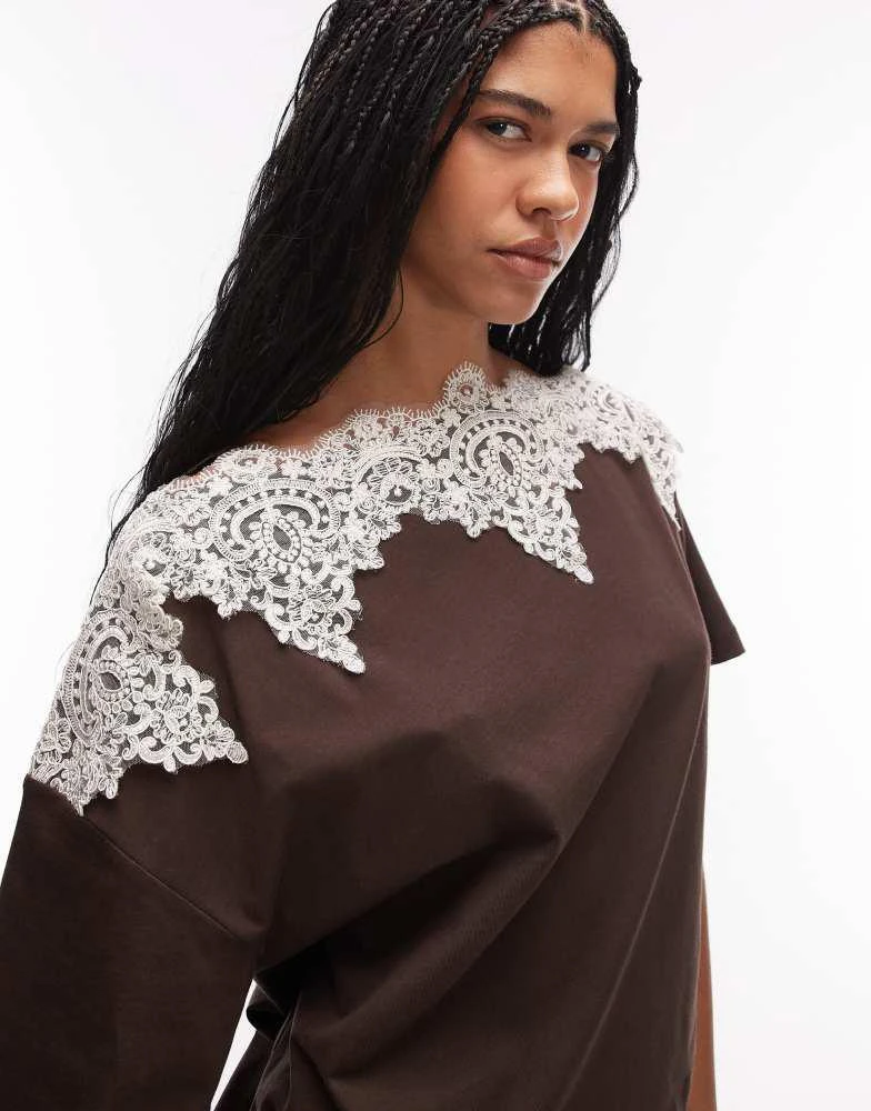 ASOS ASOS DESIGN short sleeve lace trim top in chocolate 4