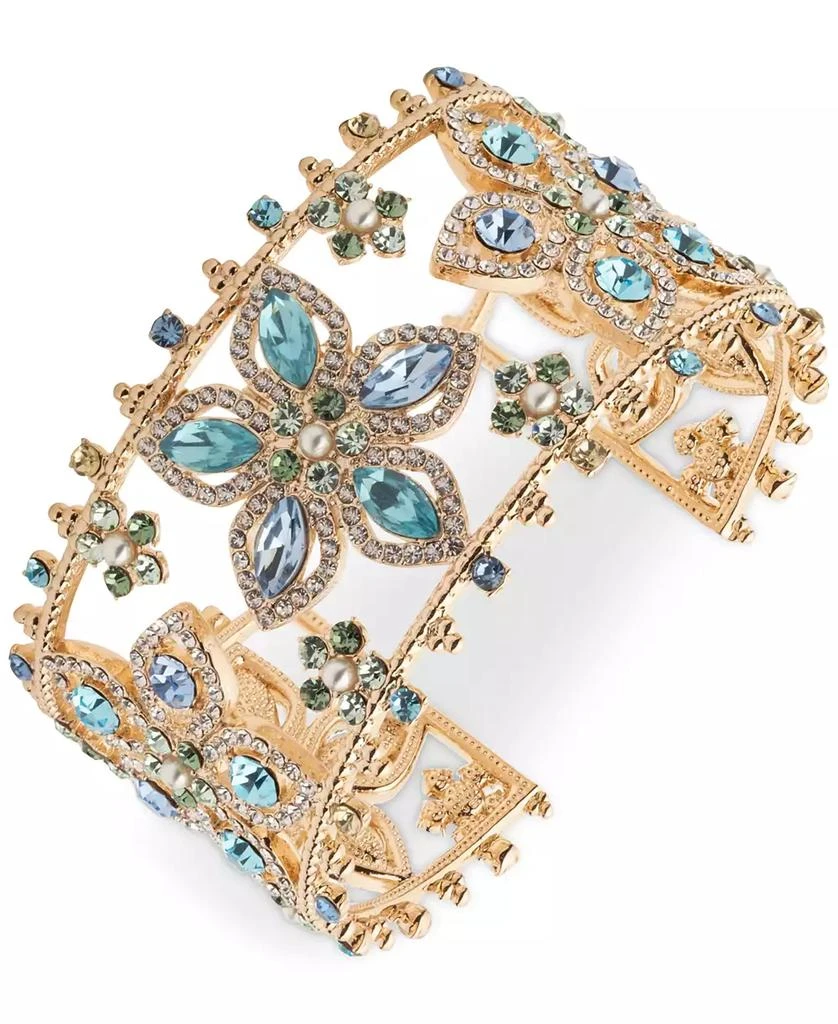 MARCHESA Gold-Tone Blue Multi Stone Floral Cuff Bracelet 1