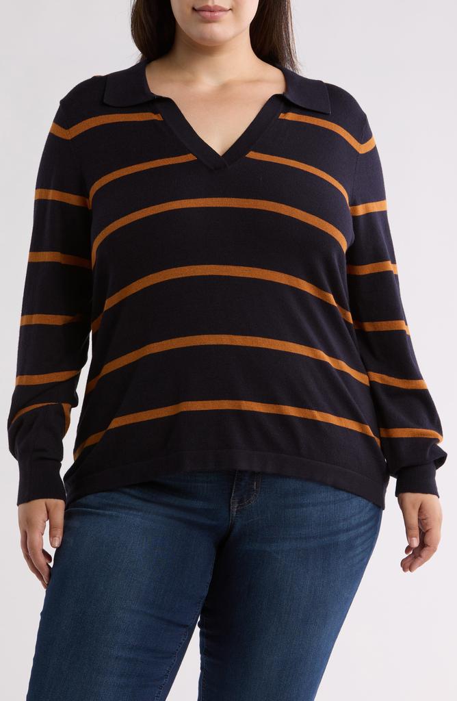 Bobeau Stripe Fine Gauge Polo Sweater