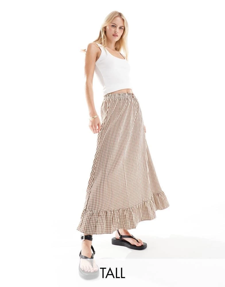 ONLY ONLY Tall gingham maxi skirt in brown 1