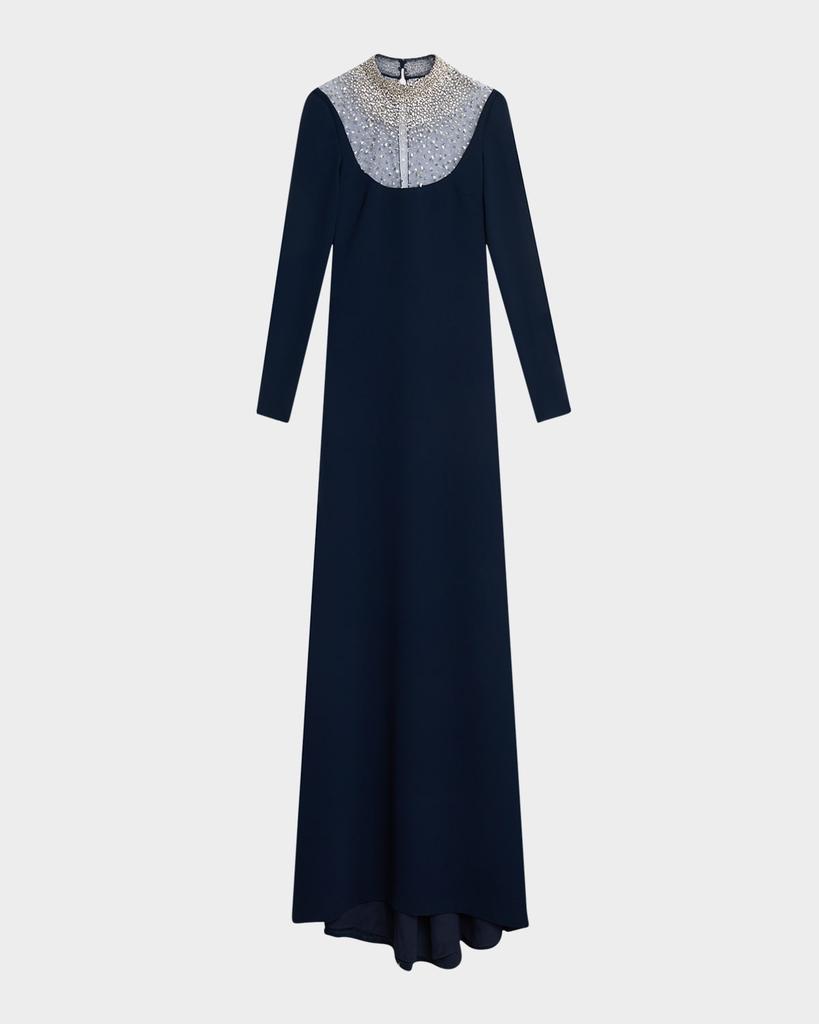Naeem Khan Crystal Beaded Crepe Long-Sleeve Illusion Gown