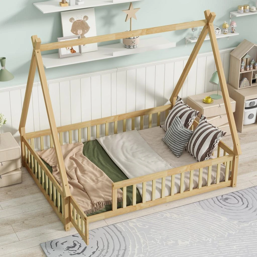 Streamdale Furniture Streamdale Rubber Wood Tent Floor Bed with Guardrails & Door 5