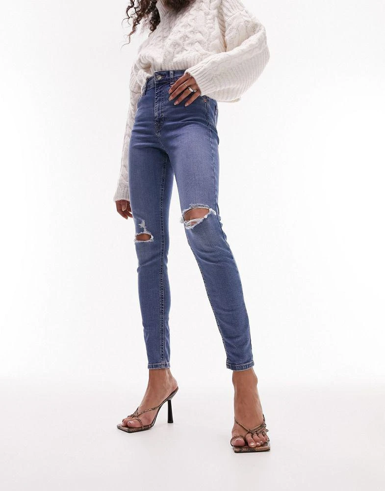 Topshop Topshop high rise Jamie jeans with rips in mid blue 1