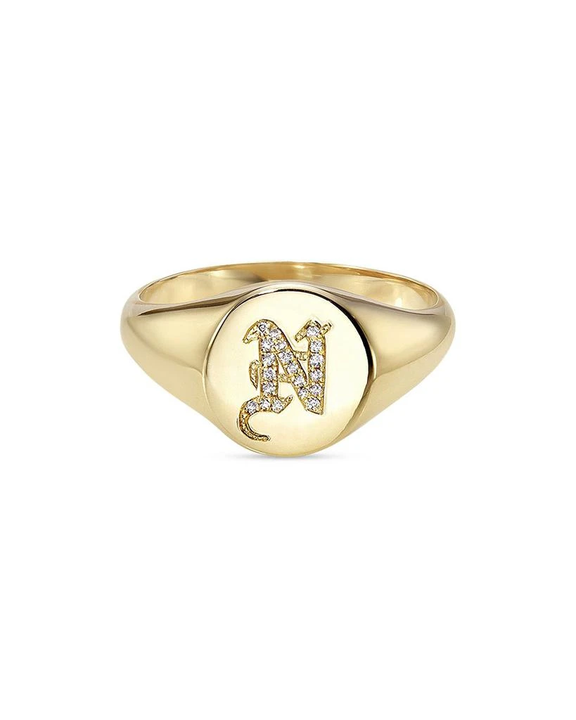 Zoe Lev 14K Yellow Gold Diamond Gothic Initial Small Signet Ring 1