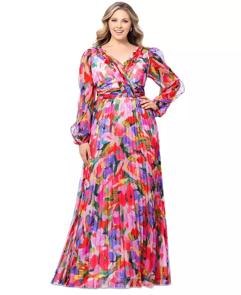 Betsy & Adam Plus Size Printed Pleated Long-Sleeve Gown 1