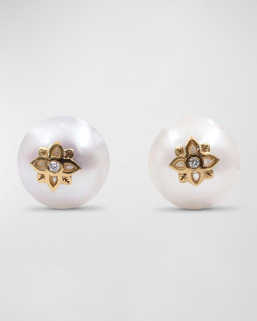 Stephen Dweck White Pearl and White Diamond Stud Earrings in 18K Gold