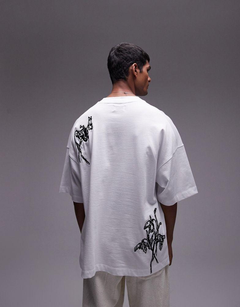 Topman Topman premium extreme oversized fit t-shirt with flower front and back embroidery in white