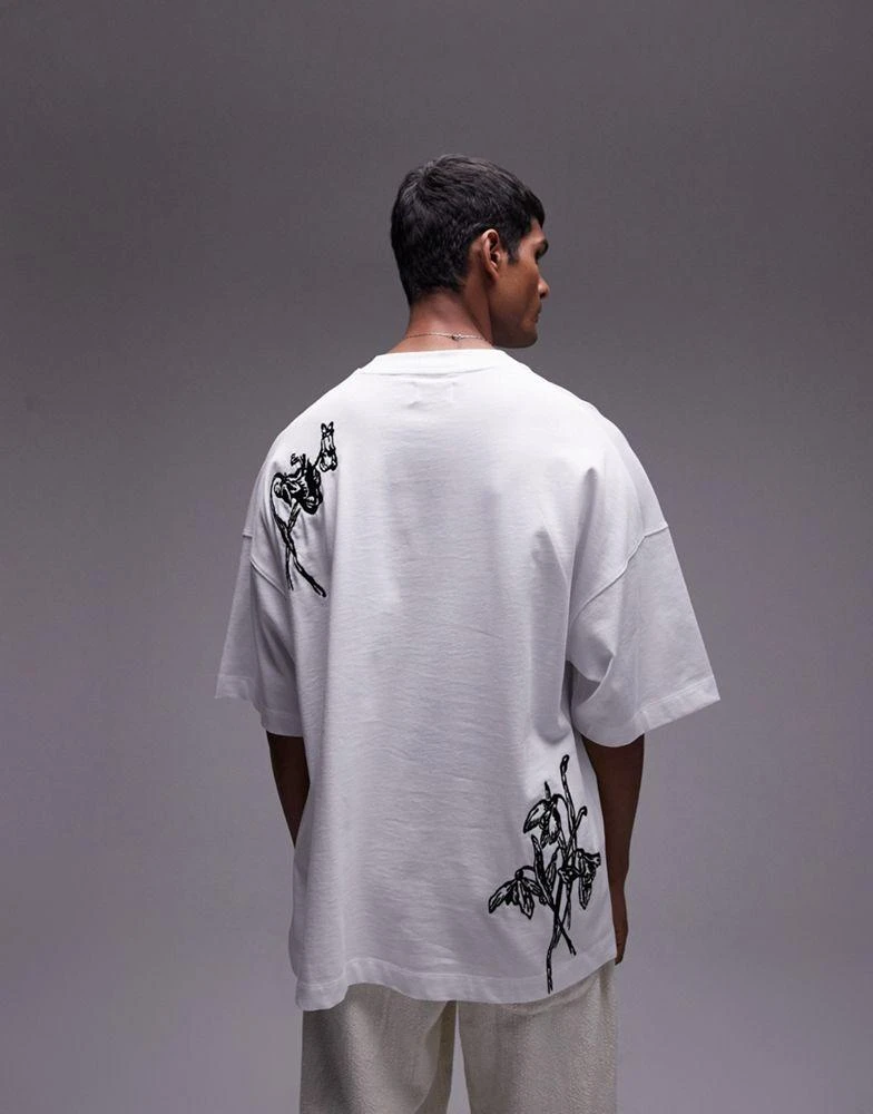 Topman Topman premium extreme oversized fit t-shirt with flower front and back embroidery in white 2