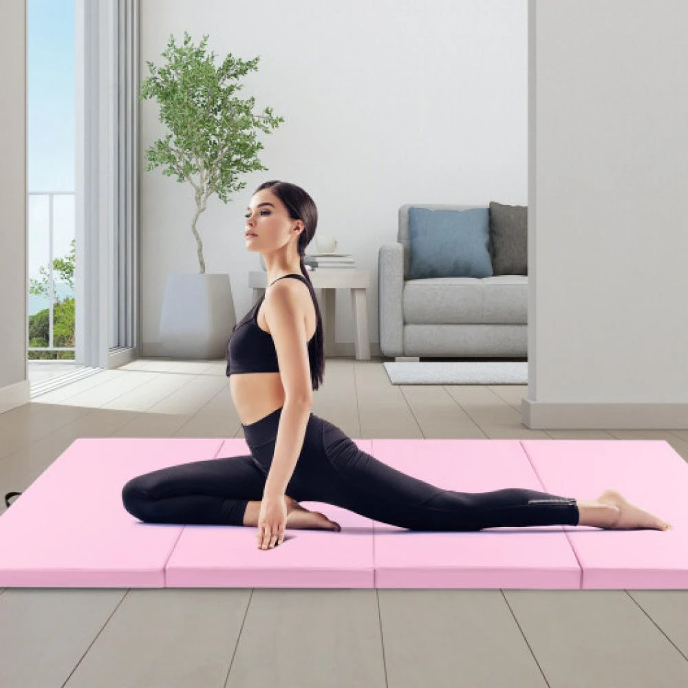 Hivvago 4-Panel PU Leather Folding Exercise Mat with Carrying Handles-Pink 6