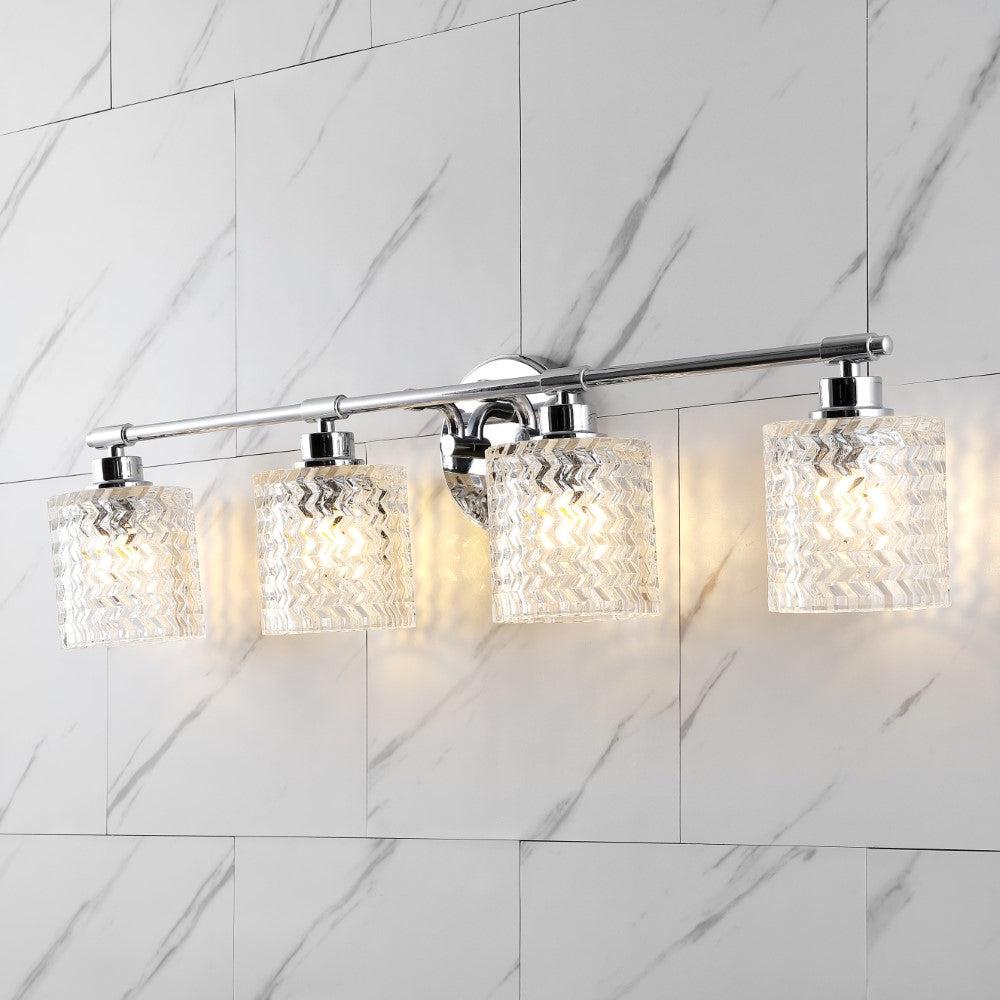 JONATHAN Y Spaulding Vintage 31.5" 4-Light Iron/Chevron Pattern Glass Farmhouse Cottage LED Vanity Light