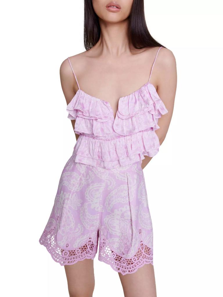 Maje Patterned Ruffled Crop Top