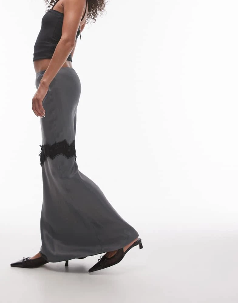 Topshop Topshop Satin bias maxi skirt with diagonal lace insert in grey 5
