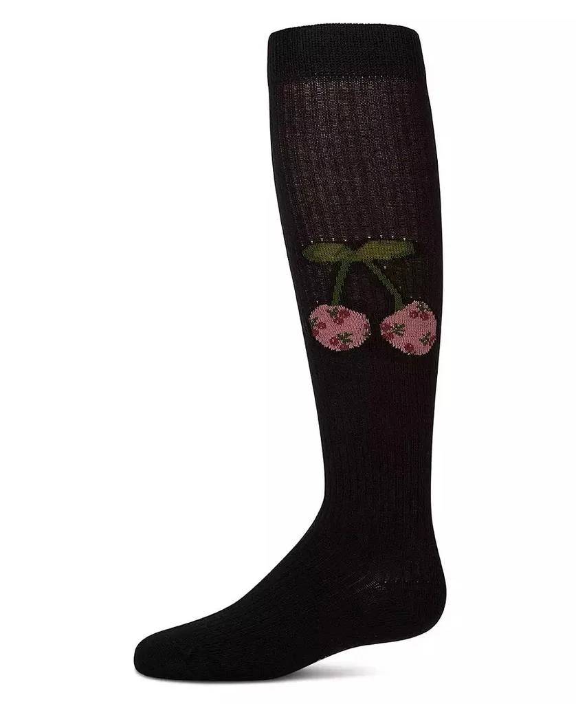 Memoi Girls Ribbed Cotton-Rich Cherry Embroidered Knee Sock