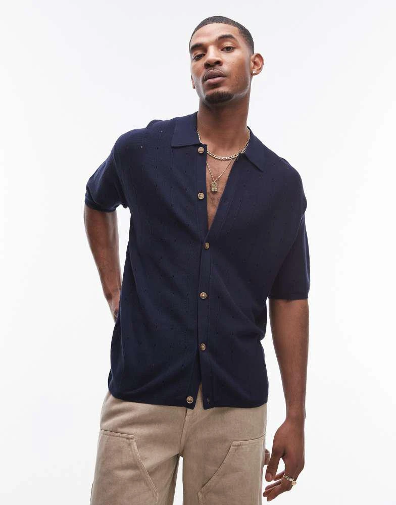 Topman Topman pointelle knit polo shirt in navy 1