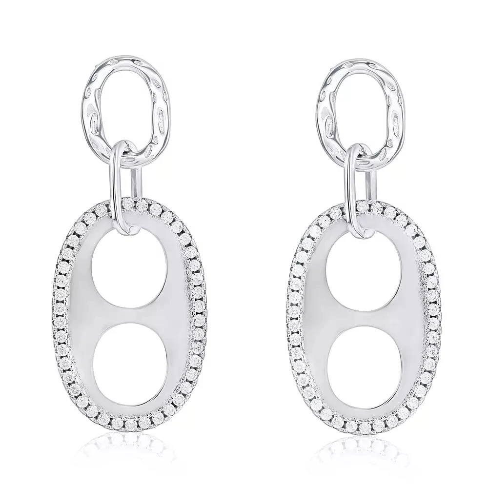 Suzy Levian New York Sterling Silver Cubic Zirconia Oval Double-Circle Drop Earrings