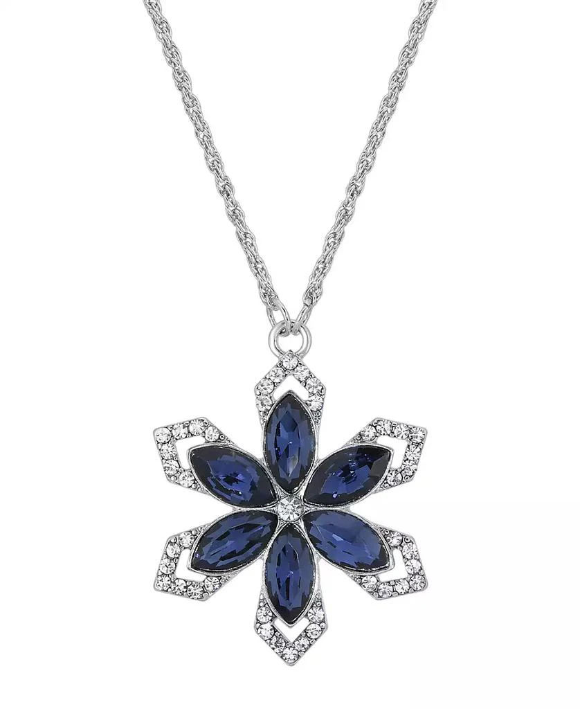 2028 Silver-Tone Sapphire Blue Color Stone with Crystals Flower 16" Adjustable Necklace