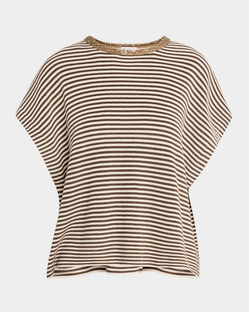 Brunello Cucinelli Striped Cotton Short-Sleeve Paillette-Neck Sweater 1