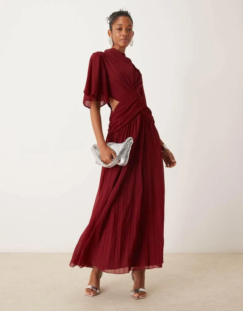 ASOS ASOS DESIGN cowl wrap front pleated midi dress with cut out in burgundy 1