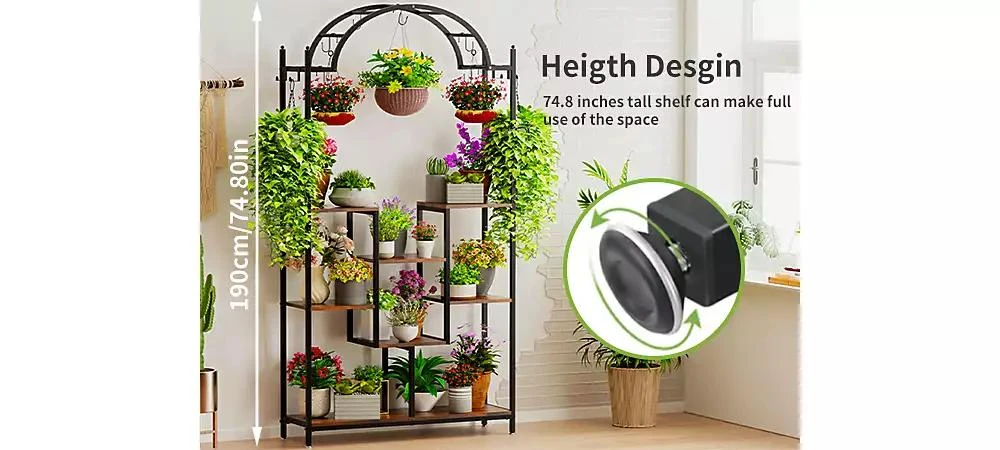 UNHO 5-Tier Tall Plant Stand Arched Metal Flower Display Holder Hanging Hooks 7