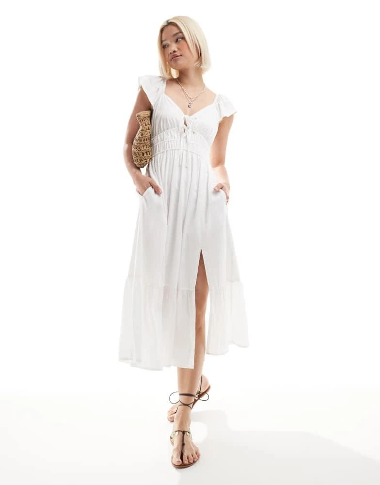 HOLLISTER Hollister short sleeve milkmaid midi slit dress in white 1