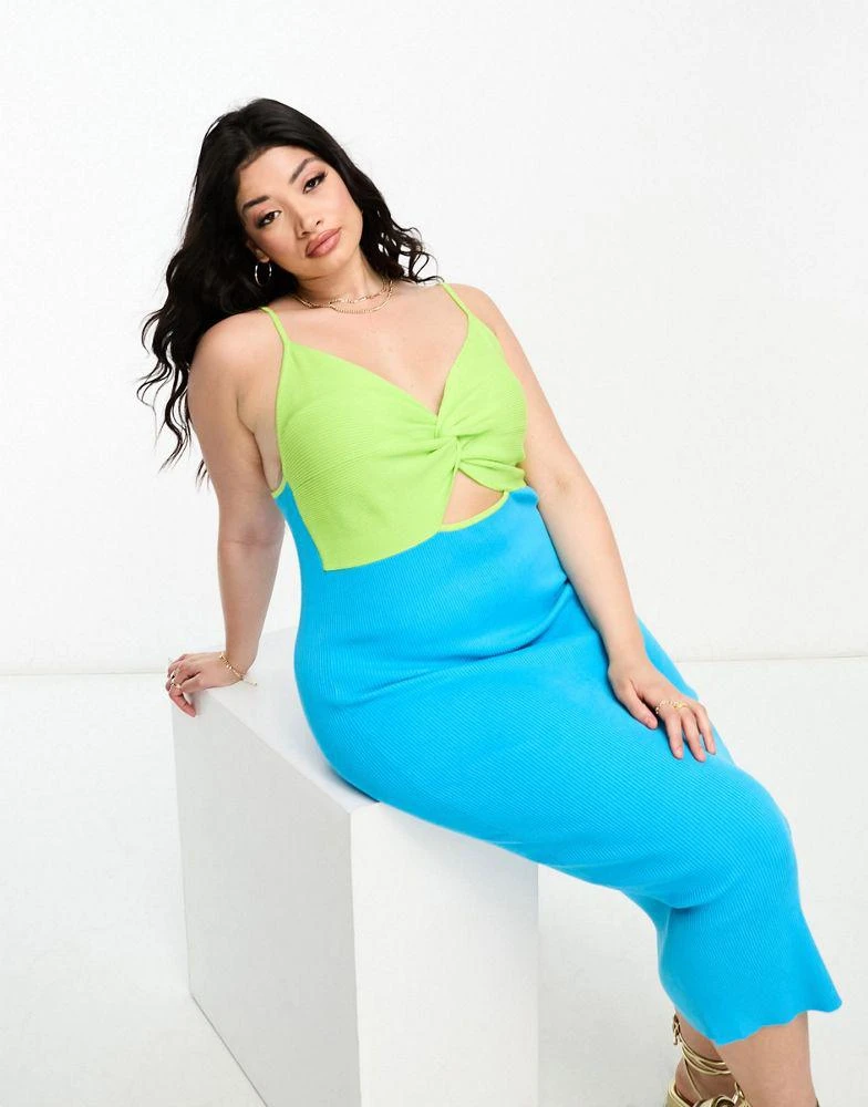 ASOS Curve ASOS DESIGN Curve knitted maxi dress with twist front in colour block in lime & blue 4