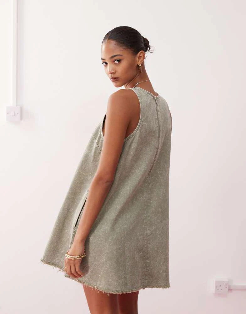Monki Monki sleeveless a line mini dress with frayed edge in khaki 4