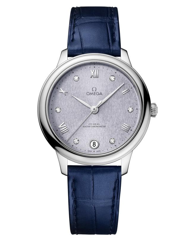 Omega Omega De Ville Prestige Co-Axial Master Chronometer 34mm Automatic Blue Diamond Dial Leather Strap Women
s Watch 434.13.34.20.53.001