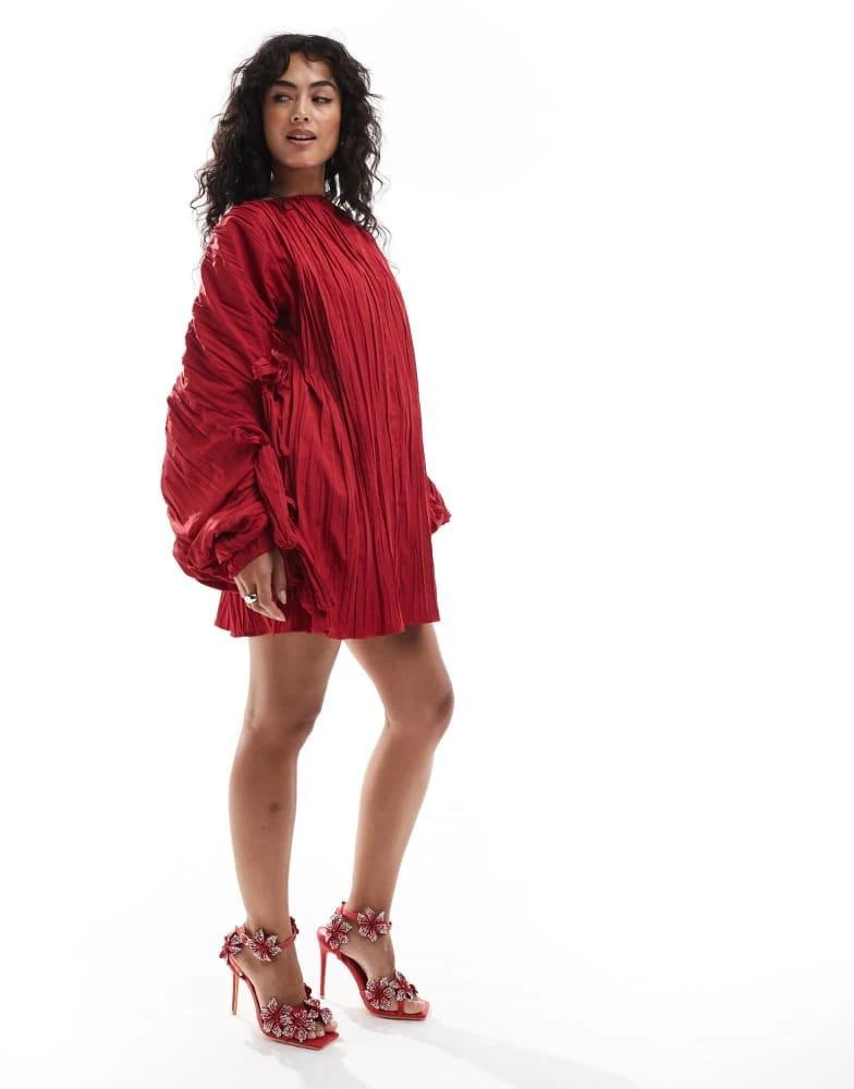 ASOS ASOS DESIGN structured satin crinkle tie detail cocoon sleeve mini dress in red 3