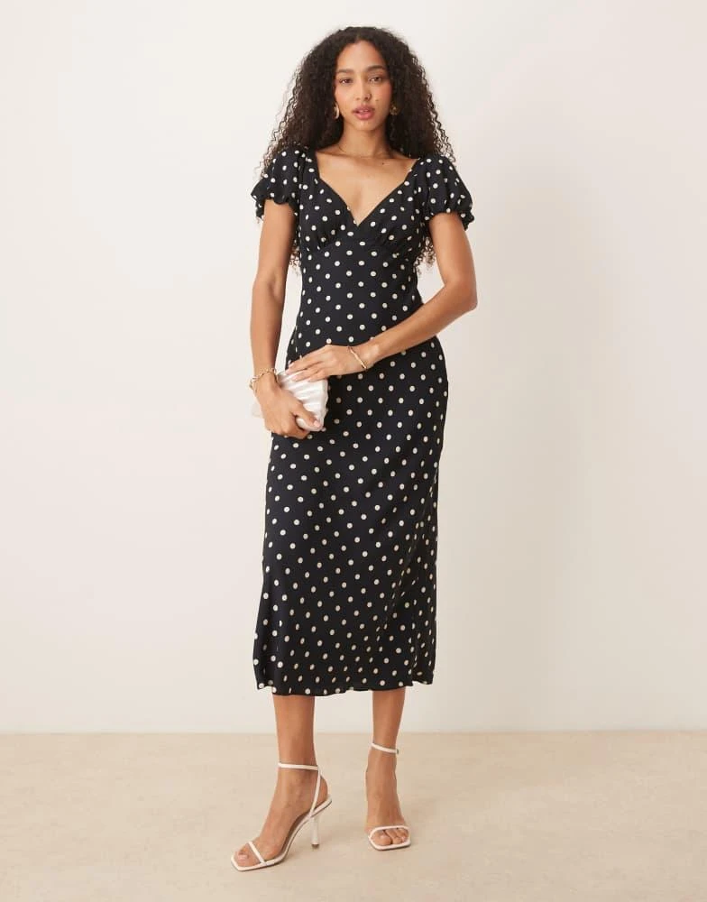 Abercrombie & Fitch Abercrombie & Fitch puff sleeve tie back slip maxi dress in black polka dot 2