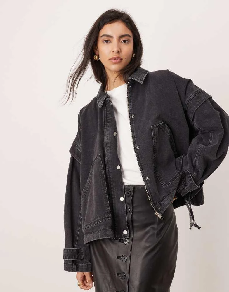 ASOS ASOS EDITION denim bomber jacket with tab sleeve detail in washed black 1
